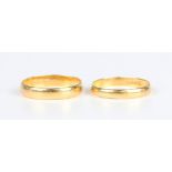 Two 22ct gold wedding rings, London 1919, ring size approx T, and London 1958, ring size approx R,