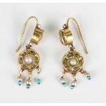 A pair of gold, seed pearl, imitation pearl and blue paste imitating turquoise pendant earrings,