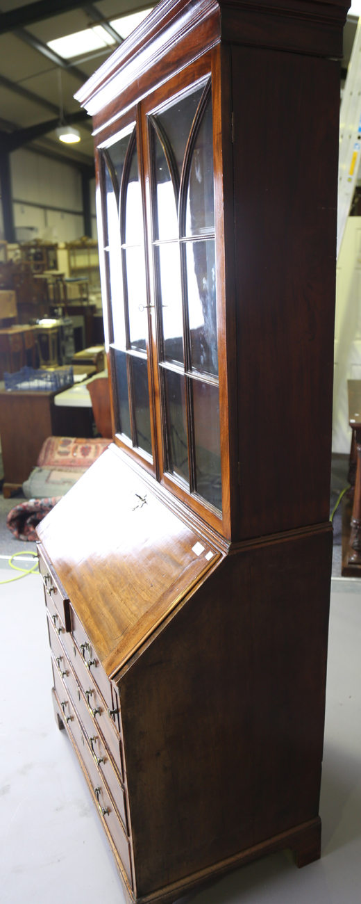 A George III mahogany bureau bookcase, the glazed top above a fall flap and an arrangement of oak- - Image 3 of 10