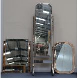 An Art Deco wall mirror with peach tinted side panels, 82cm x 65cm, together with another similar