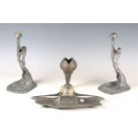 An Art Nouveau pewter inkwell by Orivit, model number '2354', width 33cm, together with a pair of