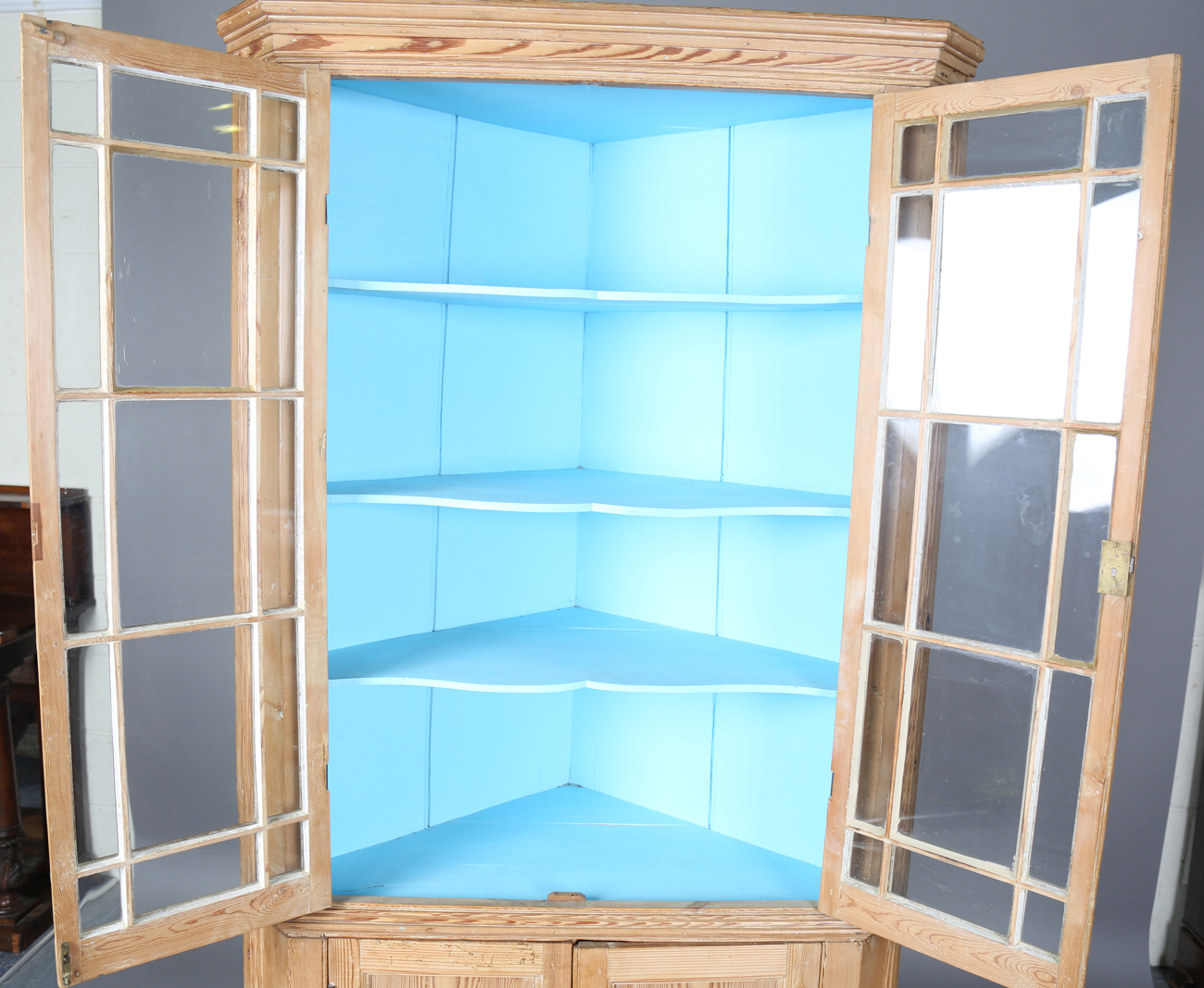 A George III pine floor-standing corner cupboard, the interior painted in sky blue, height 199cm, - Image 8 of 9