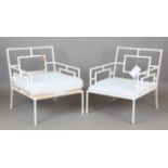 A pair of Julian Chichester white painted metal framed armchairs, height 80cm, width 67cm, depth