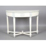 A late 20th century white painted demi-lune console table, fitted with a single drawer, height 79cm,