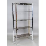 A mid-20th century chromium plated five-tier display shelf, fitted with smoky glass shelves,