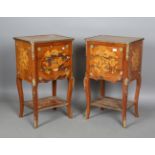 A pair of late 20th century French floral marquetry bedside chests, each fitted with three drawers