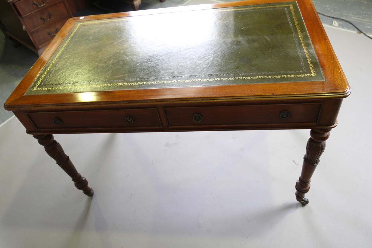 A 20th century Victorian style mahogany writing table, the top inset with gilt-tooled green - Image 3 of 9