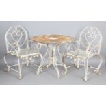 A 20th century French white painted wrought metal garden table, height 74cm, diameter 87cm, together
