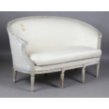 A Louis XVI style painted showframe tub back settee, upholstered in a herringbone woven fabric,