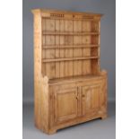 A 19th century Irish pine dresser, the integral shelf back above two panelled doors, height 201cm,