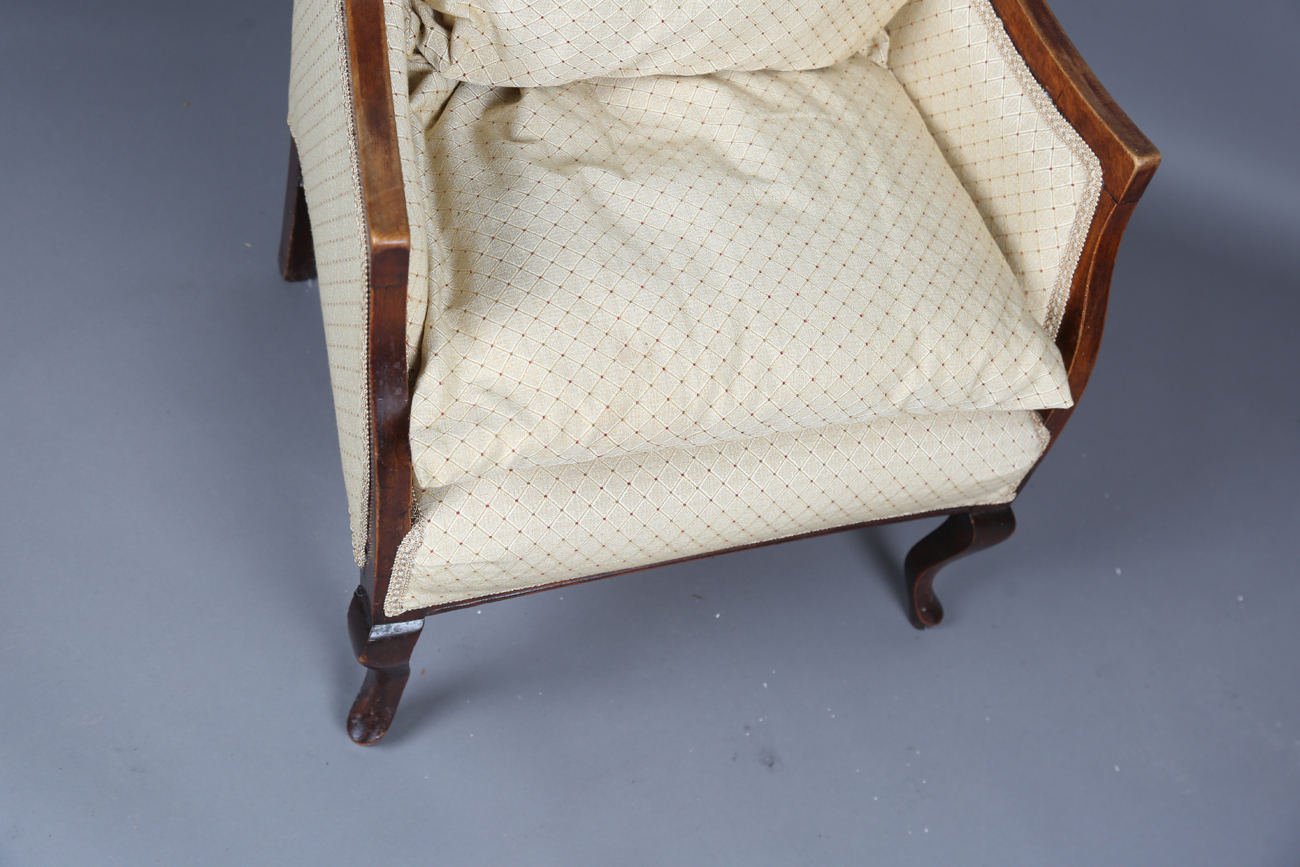 An Edwardian walnut framed armchair, upholstered in cream damask, height 109cm, width 65cm, together - Image 11 of 12
