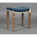 An Elizabeth II limed oak coronation stool with blue velvet seat and chamfered legs, height 48cm,