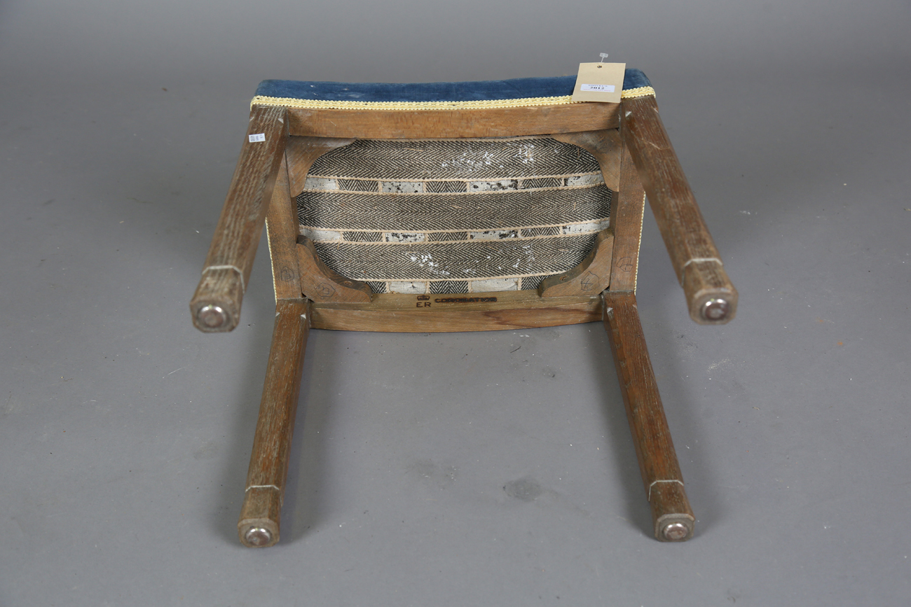 An Elizabeth II limed oak coronation stool with blue velvet seat and chamfered legs, height 48cm, - Image 4 of 7