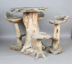 A 20th century French naturalistic wooden grotto table, height 102cm, width 92cm, together with a