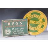 A mid-20th century 'British Field Sports Society' printed tin advertising sign, diameter 51cm,