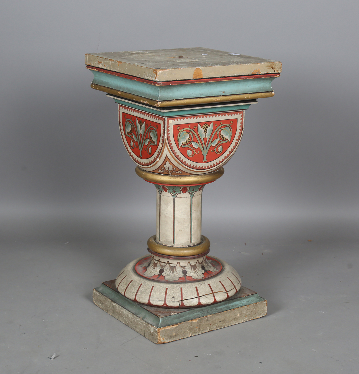 A mid-Victorian Gothic Revival painted softwood pedestal, in the manner of A.W.N. Pugin, height