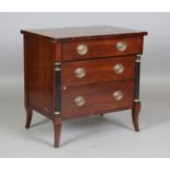 A late 20th century Empire style mahogany chest of three drawers, height 70cm, width 70cm, depth