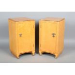 A pair of Art Deco bird's eye maple and walnut crossbanded bedside cabinets, height 69cm, width