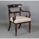 A Regency mahogany scroll arm elbow chair, the overstuffed seat with a modern chequered fabric,