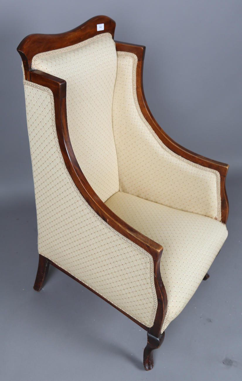 An Edwardian walnut framed armchair, upholstered in cream damask, height 109cm, width 65cm, together - Image 6 of 12