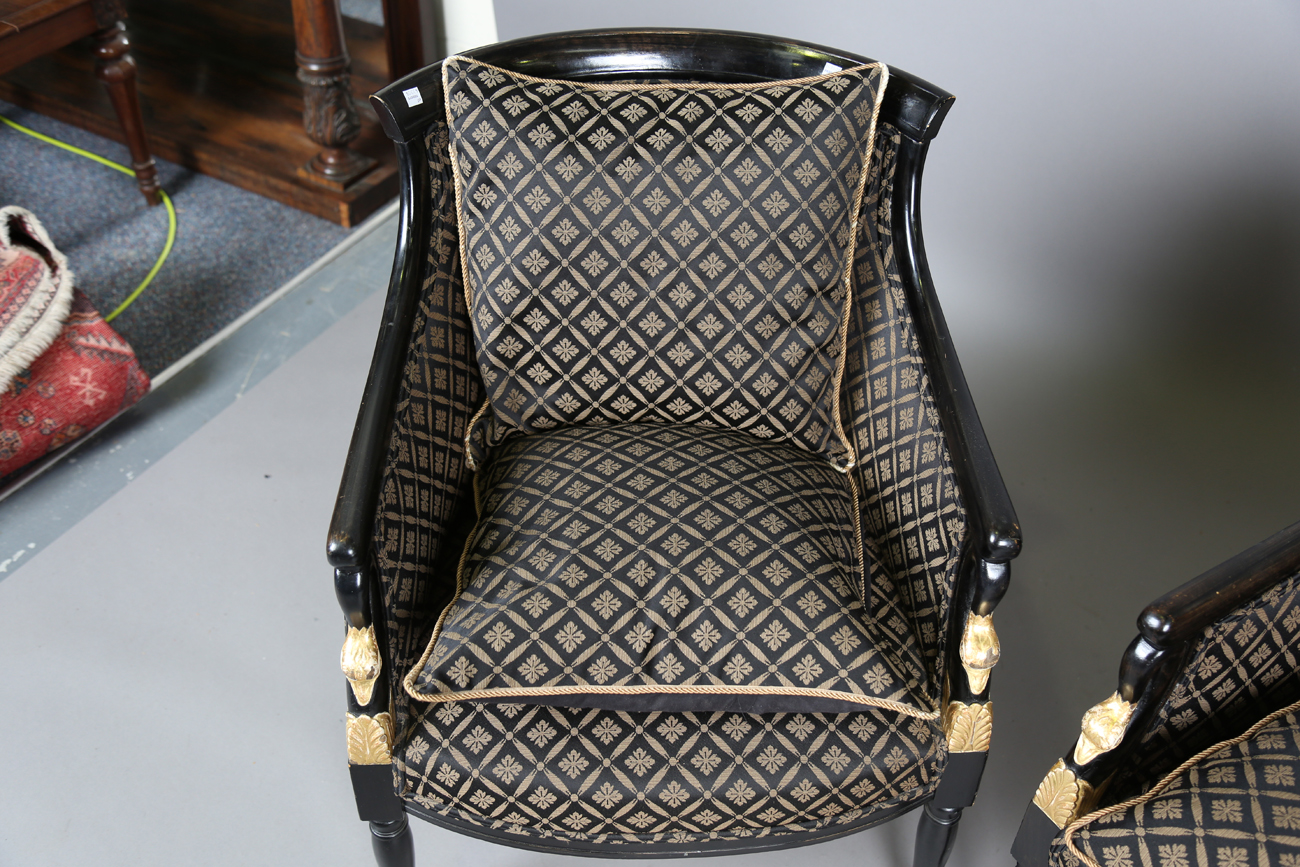 A pair of late 19th century Continental ebonized and parcel gilt showframe armchairs with tub - Bild 10 aus 12