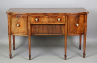 A Regency mahogany and ebony lined inlaid bowfront sideboard, height 92cm, width 152cm, depth 68cm.