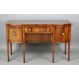 A Regency mahogany and ebony lined inlaid bowfront sideboard, height 92cm, width 152cm, depth 68cm.