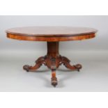 A mid-Victorian burr walnut and floral marquetry inlaid circular tip-top breakfast table, raised