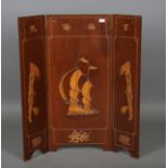 An early/mid-20th century Chinese three-fold screen with applied carved mouldings, height 102cm,