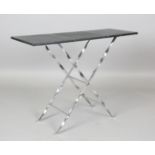 A modern chromium plated and black leather-topped hall table by Baroumand Designs, height 73cm,