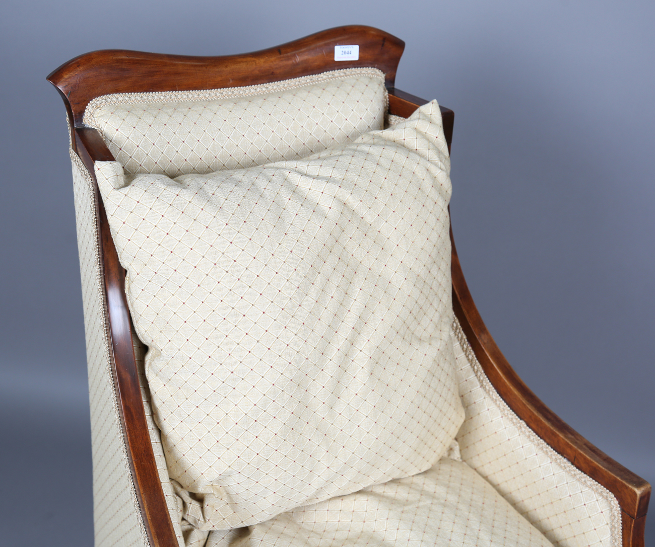 An Edwardian walnut framed armchair, upholstered in cream damask, height 109cm, width 65cm, together - Image 12 of 12