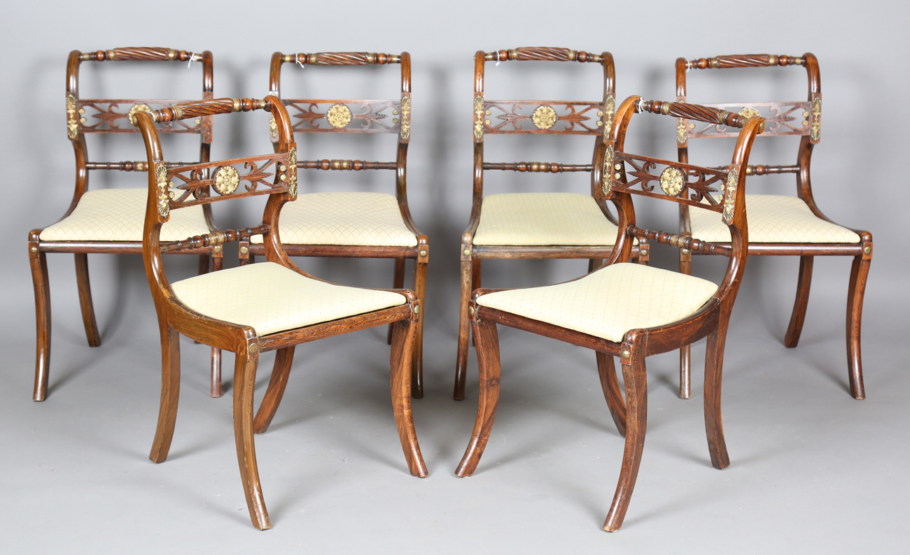 A set of eight Regency simulated rosewood and gilt brass mounted dining chairs, the centre rails - Bild 11 aus 25