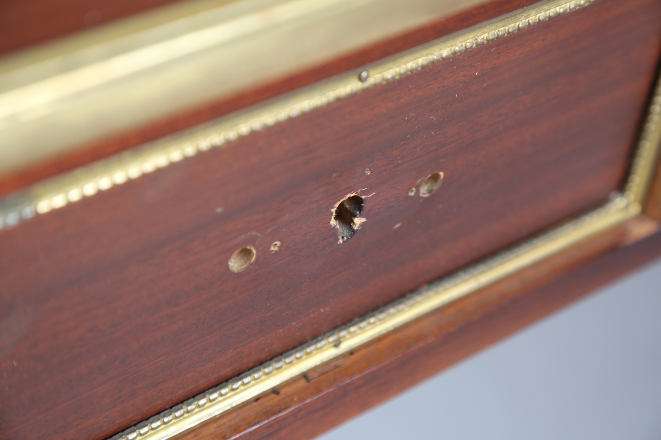 A 20th century French mahogany and gilt metal mounted writing table, fitted with three drawers, - Image 7 of 12