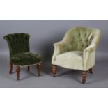 A late Victorian buttoned tub back armchair, height 76cm, width 64cm, together with a small