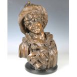 A late 19th century Continental patinated bronze bust of Pierrette, indistinctly signed, raised on a