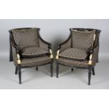 A pair of late 19th century Continental ebonized and parcel gilt showframe armchairs with tub