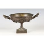 A late 19th century Continental brown patinated cast bronze tazza of twin-handled urn form, height