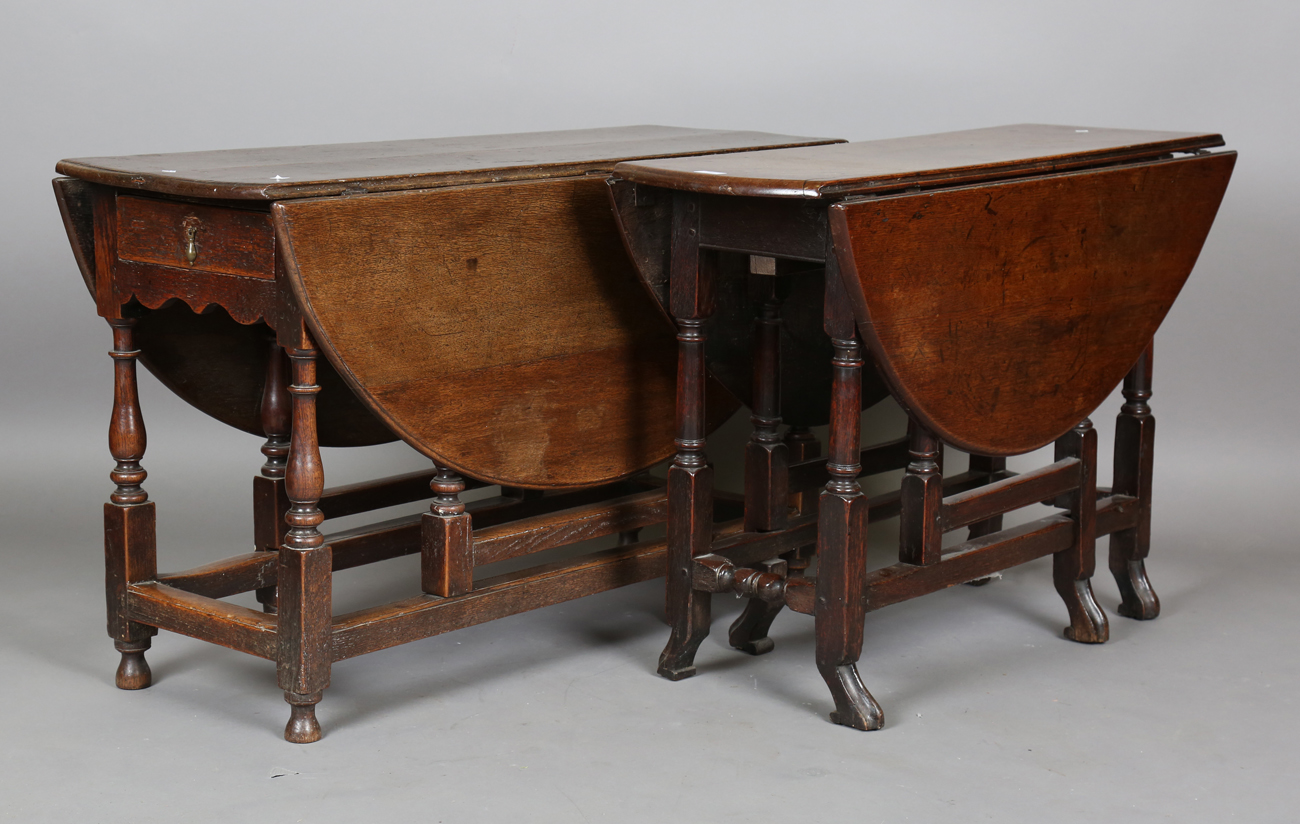 A late 17th century oak oval gateleg table with carved breganza feet, height 72cm, length 112cm,