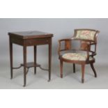 An Edwardian mahogany envelope card table, height 76cm, width 51cm, depth 51cm, together with an