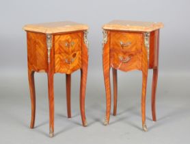 A pair of French kingwood bedside chests with shaped marble tops and gilt metal mounts, height 73cm,
