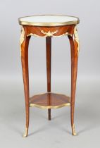 A 20th century French kingwood and ormolu mounted table with an inset white marble top, height 76cm,