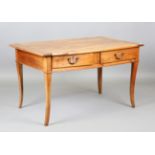 A 19th century French cherry farmhouse table, fitted with two frieze drawers, on shaped legs, height