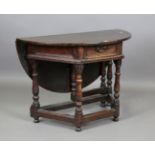 A 17th century and later oak drop-flap credence table, fitted with a single drawer, height 76cm,