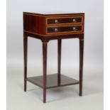 An early 20th century mahogany and satinwood crossbanded lamp table, fitted with two drawers, height