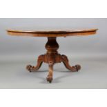 A mid-Victorian rosewood circular tip-top breakfast table, raised on a finely carved base, height
