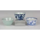 A group of three Chinese porcelain tea bowls, late Qing dynasty and later, comprising a Ming style