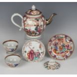 A Chinese famille rose export porcelain teapot and cover, Qianlong period, the globular body painted