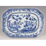 A Chinese blue and white export porcelain meat dish, Qianlong period, painted with a pavilion,