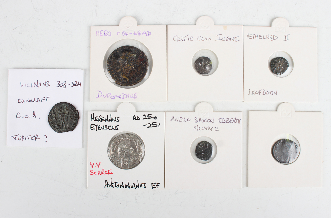 A small collection of ancient coinage, including a Nero dupondius, reverse with Roma seated, a