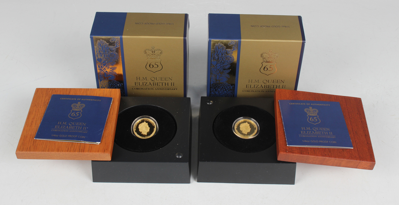 Two Australia Perth Mint quarter-ounce gold proof coins, both commemorating Elizabeth II 65th